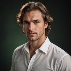 Fototapeta premium Contemplative Caucasian Man with Wavy Hair on Dark Green Background