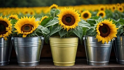 Obraz premium Golden Petals: Sunflowers in Rustic Buckets Farm Fresh Radiant Sunflowers Against a Rustic Backdrop