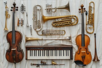 Naklejka premium collection of musical instruments and instruments on white surface, Musical instruments orderly arranged on white canvas