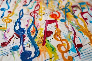 painting of musical notes on sheet of paper, Musical notes Colorful music notes dancing on staff