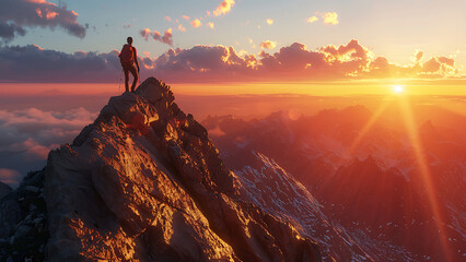 Fototapeta premium Hiker Admiring Sunset from Mountain Summit