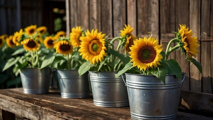 Obraz premium Golden Petals: Sunflowers in Rustic Buckets Farm Fresh Radiant Sunflowers Against a Rustic Backdrop