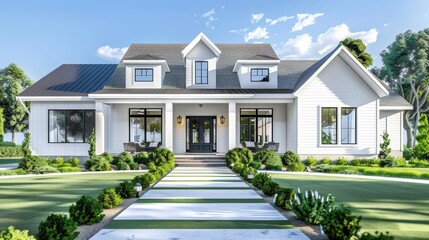 Modern Suburban Dream Home Stylish White House with Gabled Roof Front Porch and Lush Landscaping Ideal for Peaceful Living