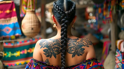 Fototapeta premium Woman with intricate shoulder tattoos in a traditional market