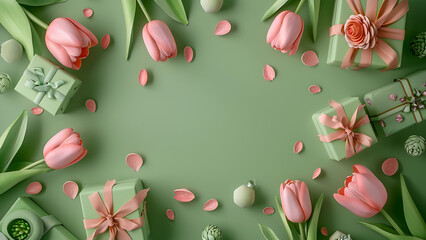 Pink Tulips on Mint Green Circular Background