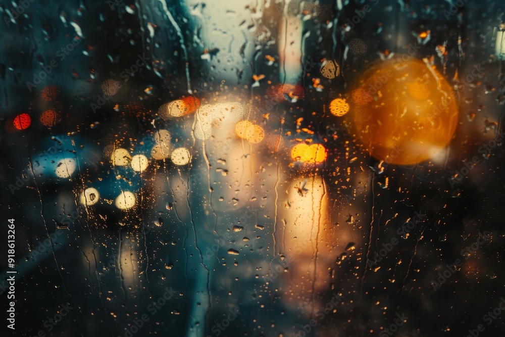 Poster window with rain drops on it and street light in the background, rain drops racing down window pane 