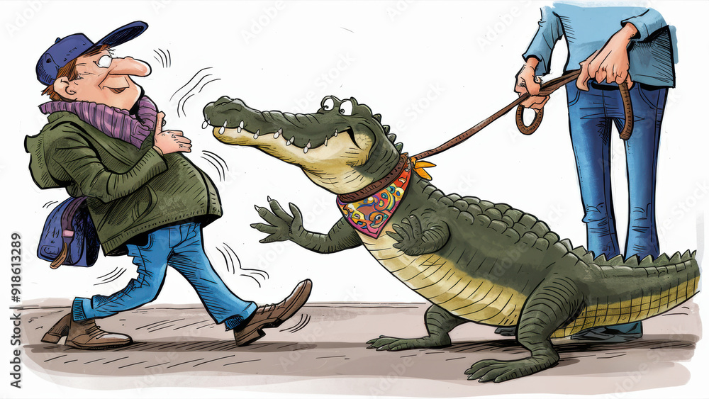 Canvas Prints A cartoon of a man walking with an alligator on his leash, AI