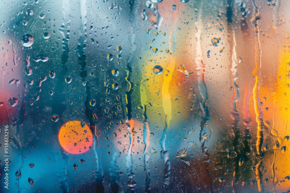 Poster window with rain drops on it and street light in the background, rain drops racing down window pane 