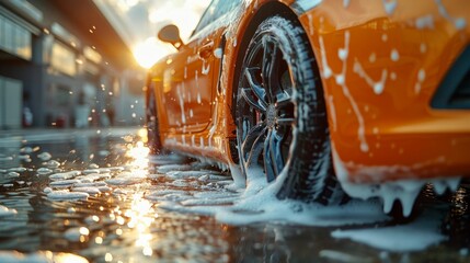 Close-up of orange sports car during wash - generative ai