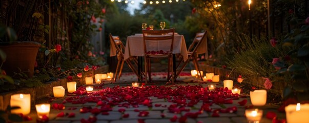 Fototapeta premium Elegant Valentine's Day Proposal Romantic Candlelit Garden Setting with Rose Petals