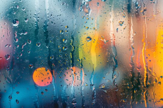 window with rain drops on it and street light in the background, Rain drops racing down window pane on stormy day