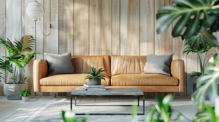 Modern Elegance Tranquil Living Room with Tan Leather Couch and Minimalist Decor Interior Design Inspiration