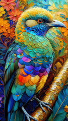 Obraz premium a bird perched on a branch, depicted in a highly stylized manner, with its feathers rendered in a kaleidoscope of colors, a striking blend of blues, greens, yellows, oranges, and purples