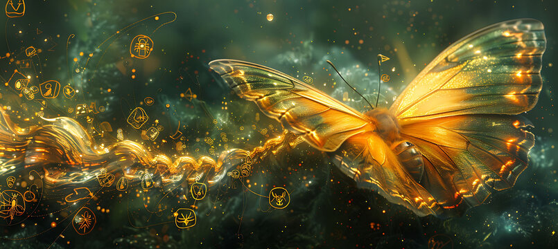 Caterpillar transforming into a butterfly within a glowing chrysalis Symbols from the Book of Thoth swirl around the chrysalis representing the alchemical process of transformation