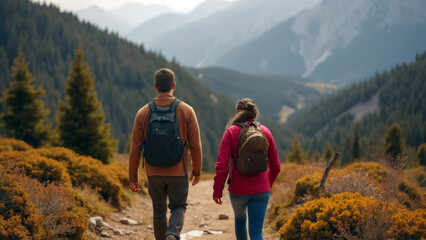 Obraz premium Two people walking on a trail in the mountains, man and woman walking together, hiking trail, trekking in a forest, hiking in rocky mountain, adventure gear