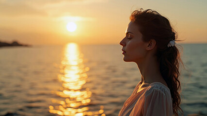 Woman standing on the beach, yoga meditation pose, meditating pose, hindu stages of meditation