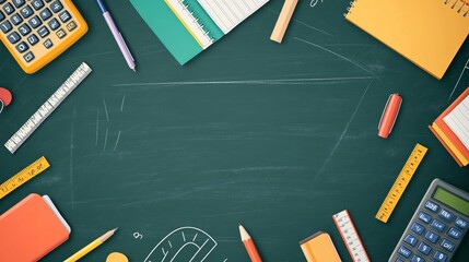 Colorful School Themed Flat Design with Chalkboard Background