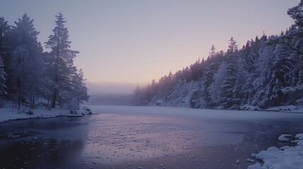 Naklejka premium Winter Wonderland Tranquil Frozen Lake at Twilight with Snowcovered Pine Trees Nordic Landscape Photography