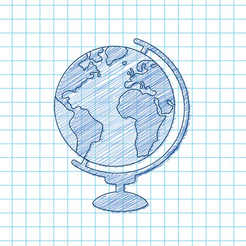 pen drawn globe on grid paper background, back to school concept, vector design element, globus