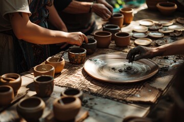 Fototapeta premium woman is making bowl out of clay, Rustic pottery class scene depicting hands-on crafting and creative expression