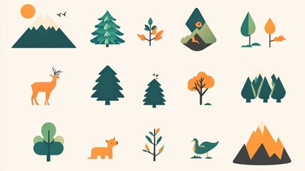 Flat Nature Icons: Trees, Mountains, and More - Vector Illustration