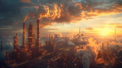 Obraz premium Industrial sunrise: a fusion of nature and technology - generative ai