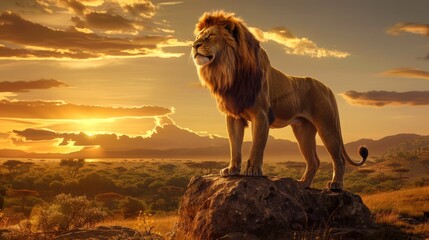 Golden Majesty Regal Lion Surveying Savanna at Sunset