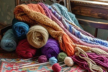 woman laying on couch covered in blankets, Setup of knitting essentials like yarns, needles, and patterns on cozy backdrop