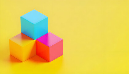 Vibrant colored cubes stacked on a bright yellow background, perfect for playful design and educational themes.