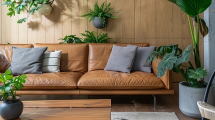 Modern Elegance Tan Leather Couch Green Plants in Stylish Living Room Interior Design Inspiration
