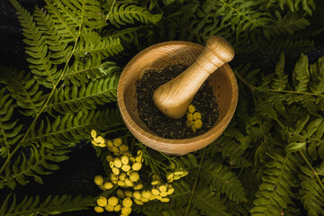 Wiccan witch kitchen. Flat lay composition with fresh yellow herbs and mortar. Dark aesthetics.