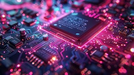 Obraz premium Microchip circuit board in vibrant neon lights - generative ai