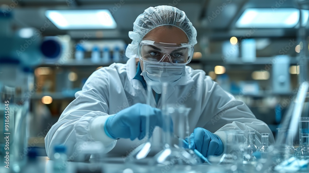 Poster scientist conducts experiments in a laboratory with various glassware during daytime