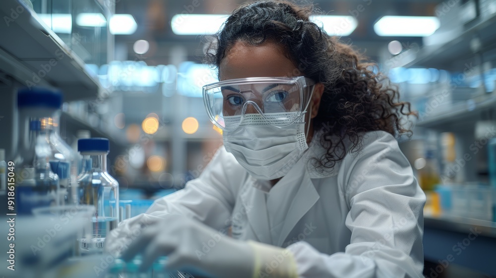 Poster scientist working in a laboratory, conducting experiments with various lab equipment in a modern res