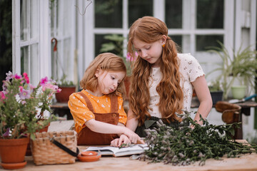 Little happy redhead girls two sisters learning gardening, caring for and planting plants for Earth Day. Preparing a gift for Mother's Day