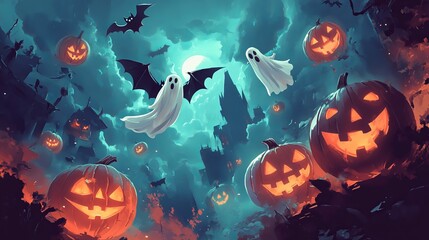 Spooky Halloween Illustration with Jack-o-Lanterns -  Download