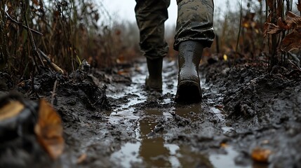 Adventurous Hunter Trekking Through Lush Wilderness with Determination and Focus in a Serene Natural Landscape