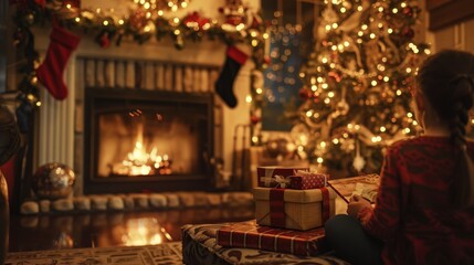 Obraz premium Cozy Christmas Morning Family Unwrapping Gifts by Fireplace with Decorated Tree and Stockings