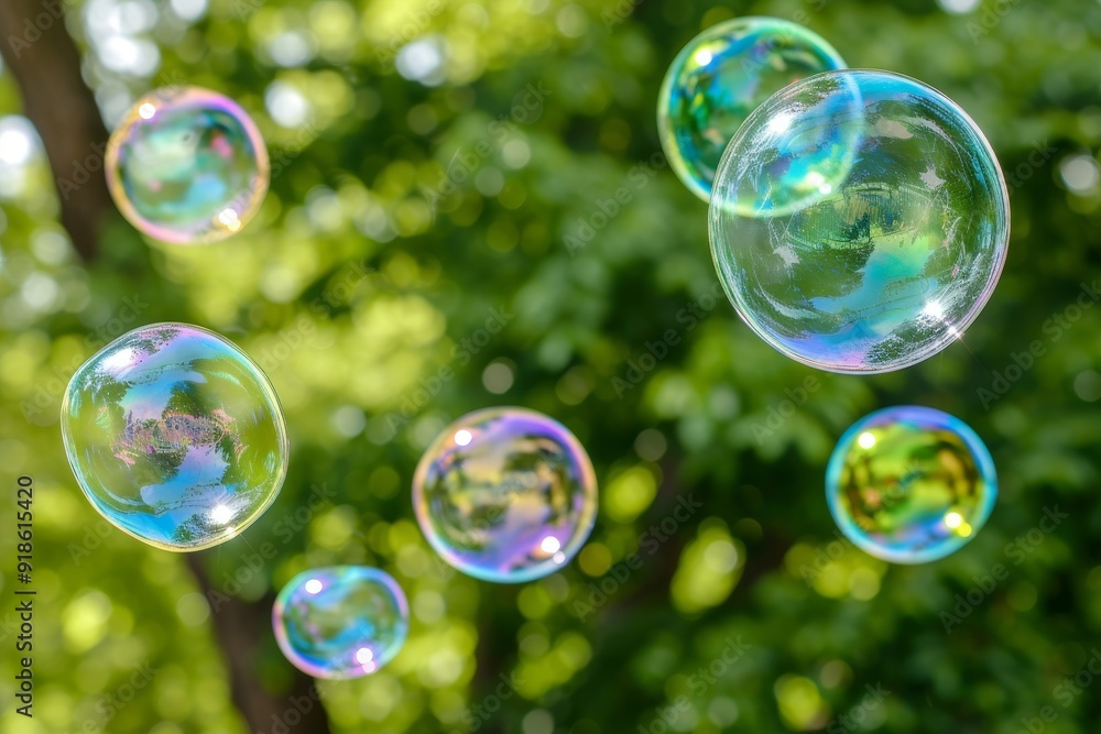 Poster bunch of bubbles floating in the air, soap bubbles iridescent bubbles floating in the air
