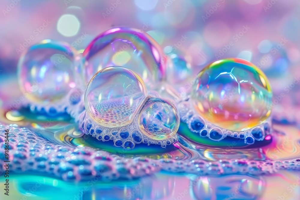 Poster bunch of bubbles that are in the water, soap bubbles reflecting rainbows iridescent bubbles with vib