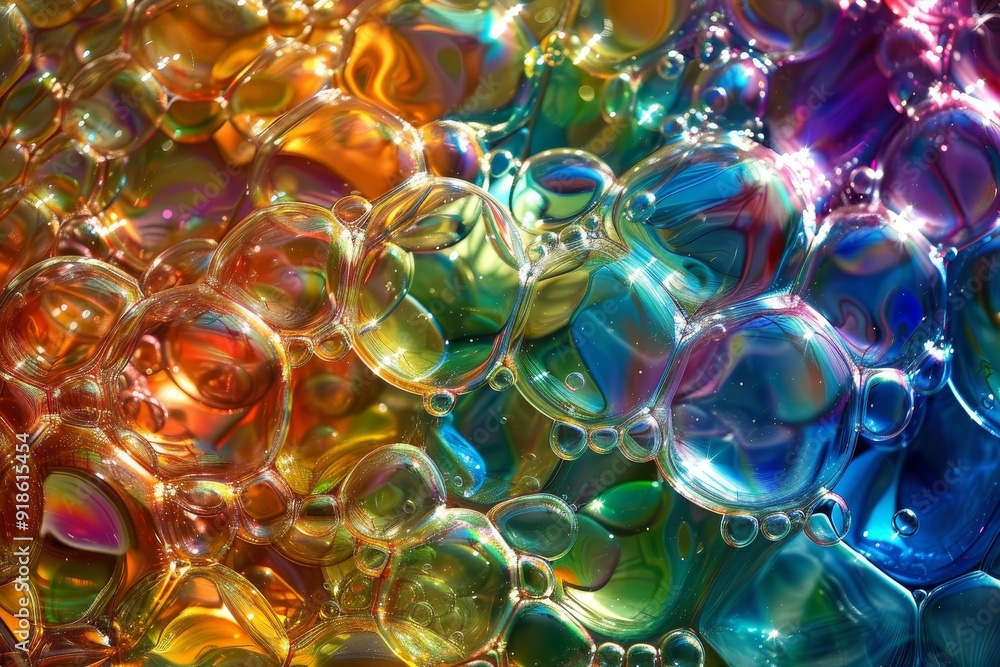 Poster bunch of bubbles that are in the water, Soap bubbles reflecting rainbows Iridescent bubbles with vibrant rainbow reflections