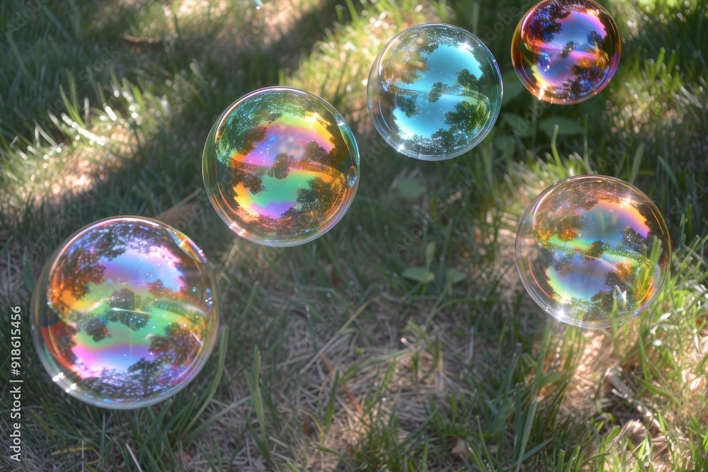 Poster bunch of bubbles that are in the water, soap bubbles reflecting rainbows iridescent bubbles with vib