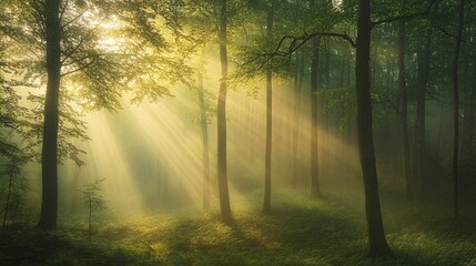 Obraz premium Misty Forest Dawn: Breathtaking Nature Landscape Photography