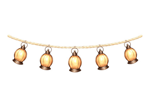 Vintage lanterns burning hanging on rope. Garland of cozy autumn elemets. Hand drawn watercolor illustration isolated. Decorating for fest and party. Clipart for advertising, wedding, postcard, print.