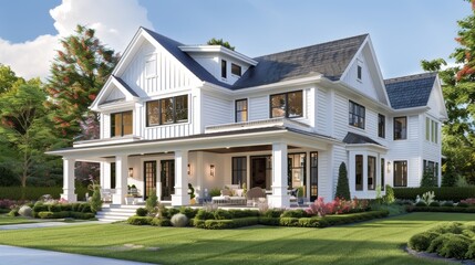 Obraz premium Nowoczesny dom marzeń na przedmieściach Biały dwupiętrowy dom z dwuspadowym dachem, gankiem i bujnym ogrodem. Render architektoniczny