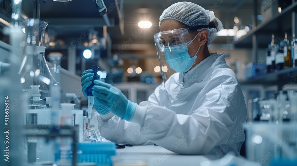Poster scientist conducting research in a laboratory during the day using pipettes and conducting experimen