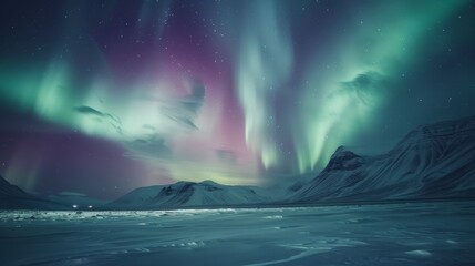 Naklejka premium Enchanting Aurora Borealis Vibrant Colors Dance in Snowy Night Sky Magical Northern Lights Photography