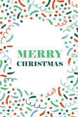 Merry Christmas card Confetti. Curl, swirl, Cracker. Place for text Congratulations, greetings on holiday. Explosion of serpentine ribbons. Festive surprise. Vertical banner. Vector flat illustration