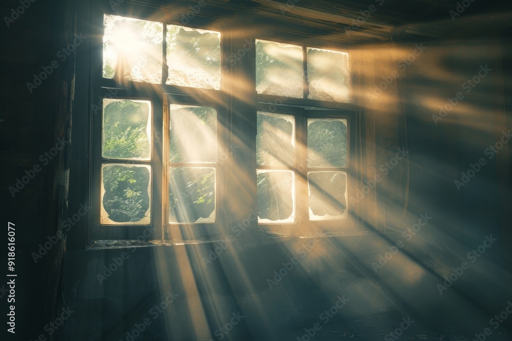 Aufkleber window with light shining through it, Sunbeams Light rays bursting through clouds or windows