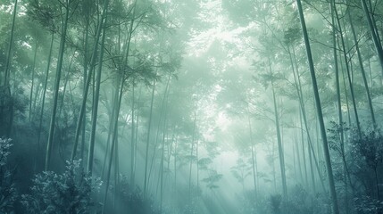 Fototapeta premium Mystical Bamboo Forest Tranquil Morning Mist and Enchanting Serenity